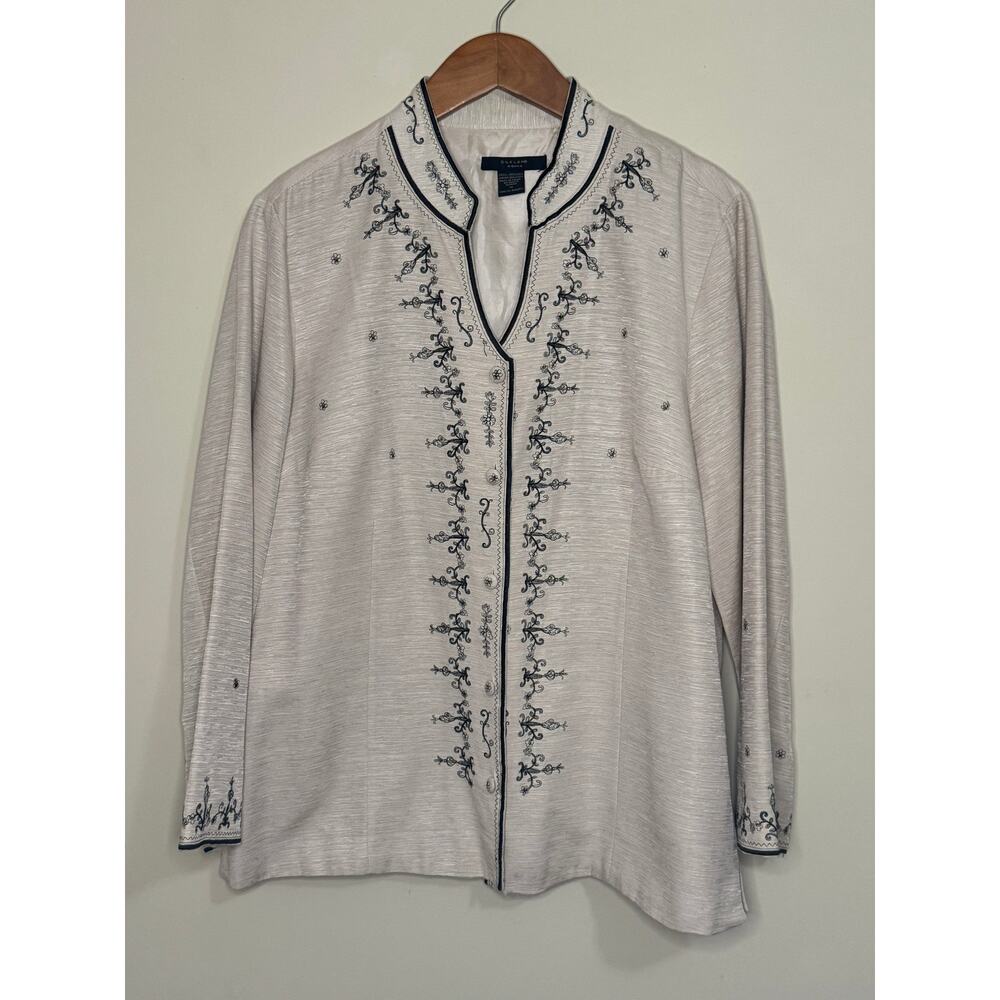 Silkland Woman Kimono Style Top Womens 1X 100% Silk Shell Tan Black Long Sleeve